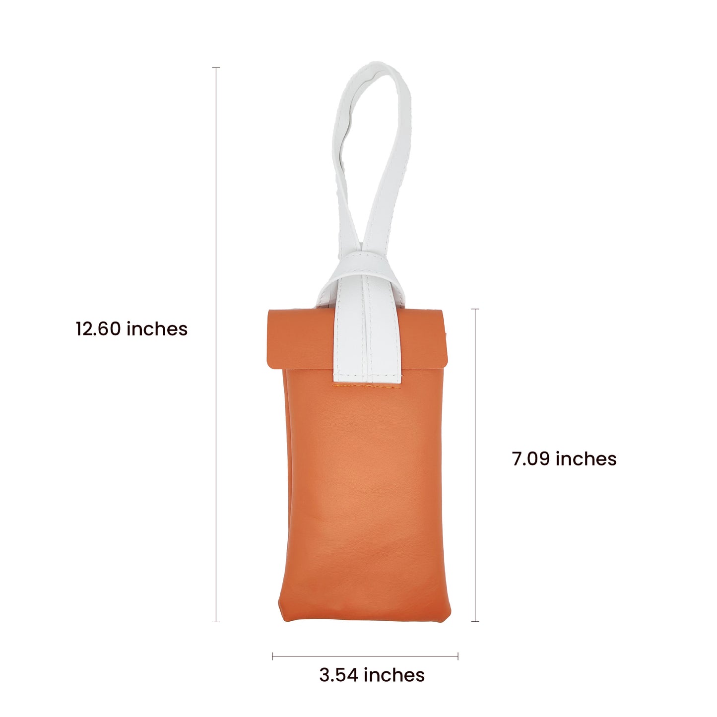 Orange pouch with white strap and measurements on a white background