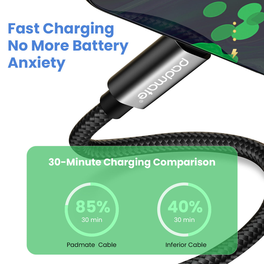 Padmate S67 Fast Charging USB A to Type C Cable Nylon Braided