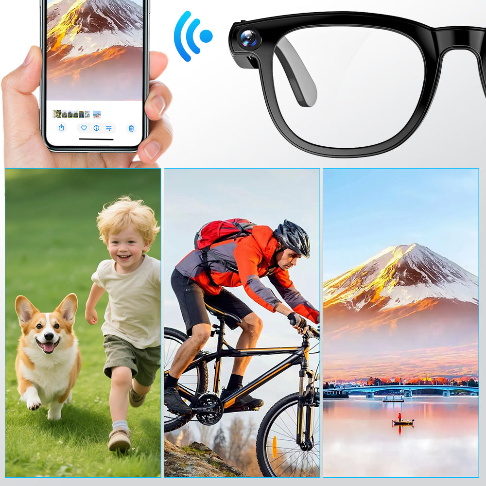 Smart glasses with a phone displaying an app, a child running with a dog, a person on a bike, and a mountain landscape.