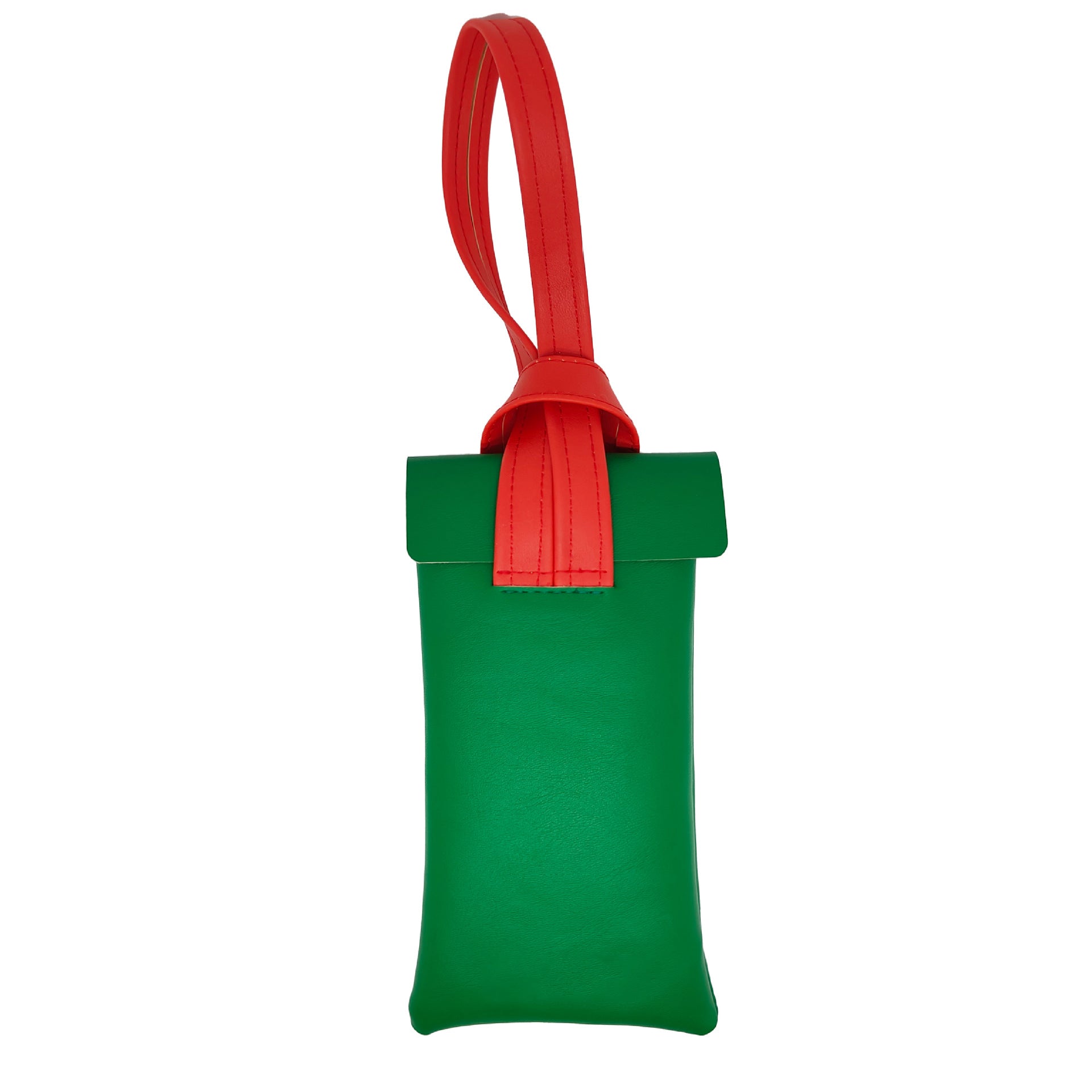 Green pouch with a red strap on a white background