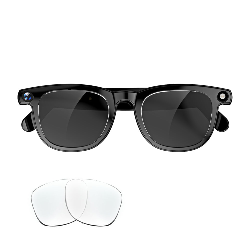 Black sunglasses with interchangeable lenses on a white background