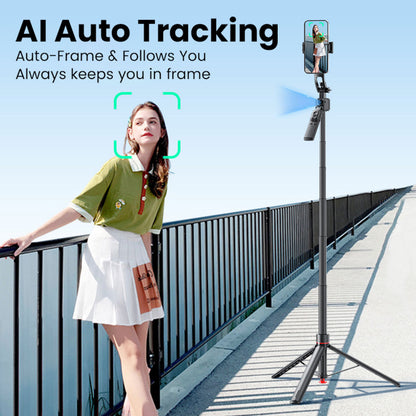 Woman standing on a bridge with a smartphone holder and AI auto tracking feature displayed.