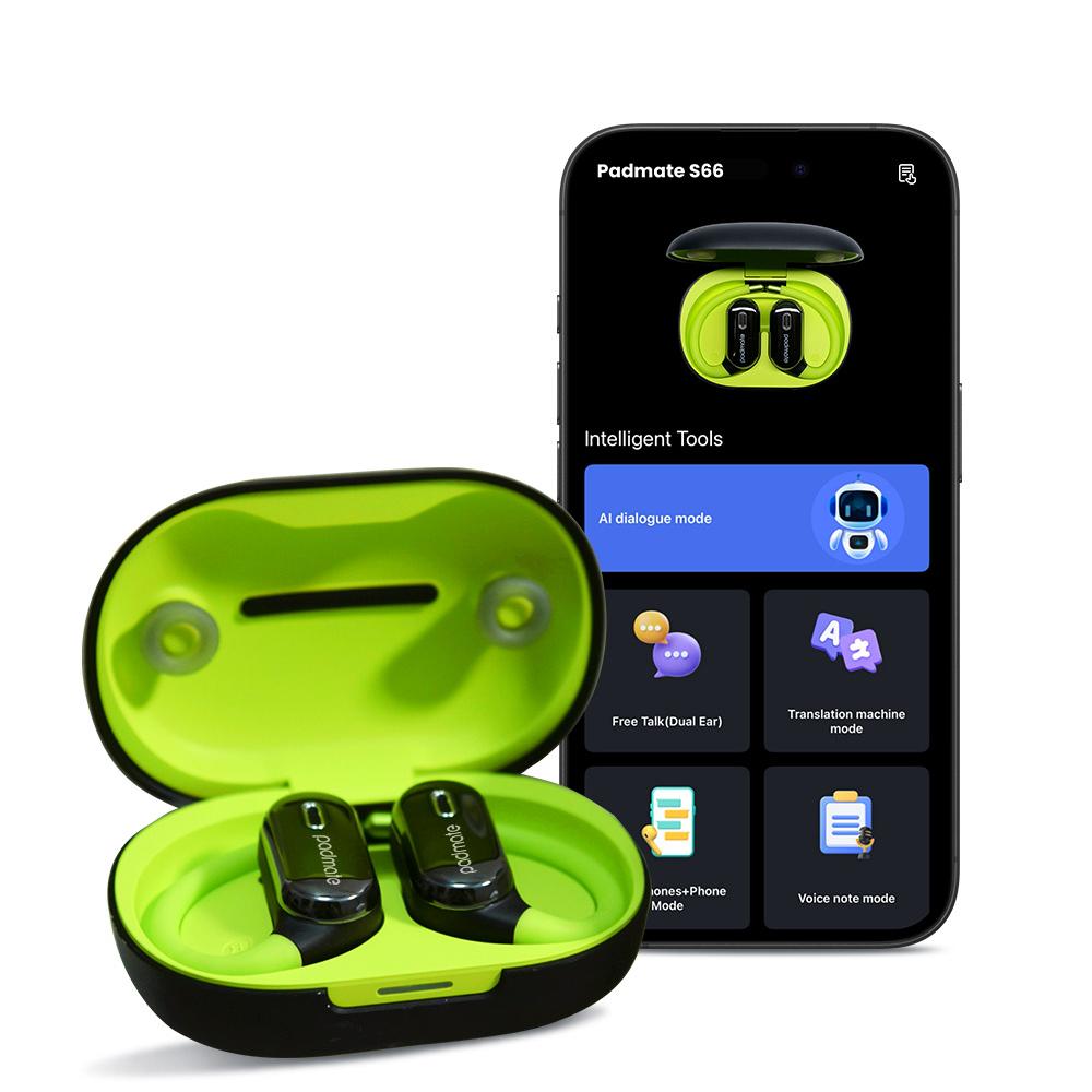 Wireless earbuds in a green case with a smartphone displaying an app interface.