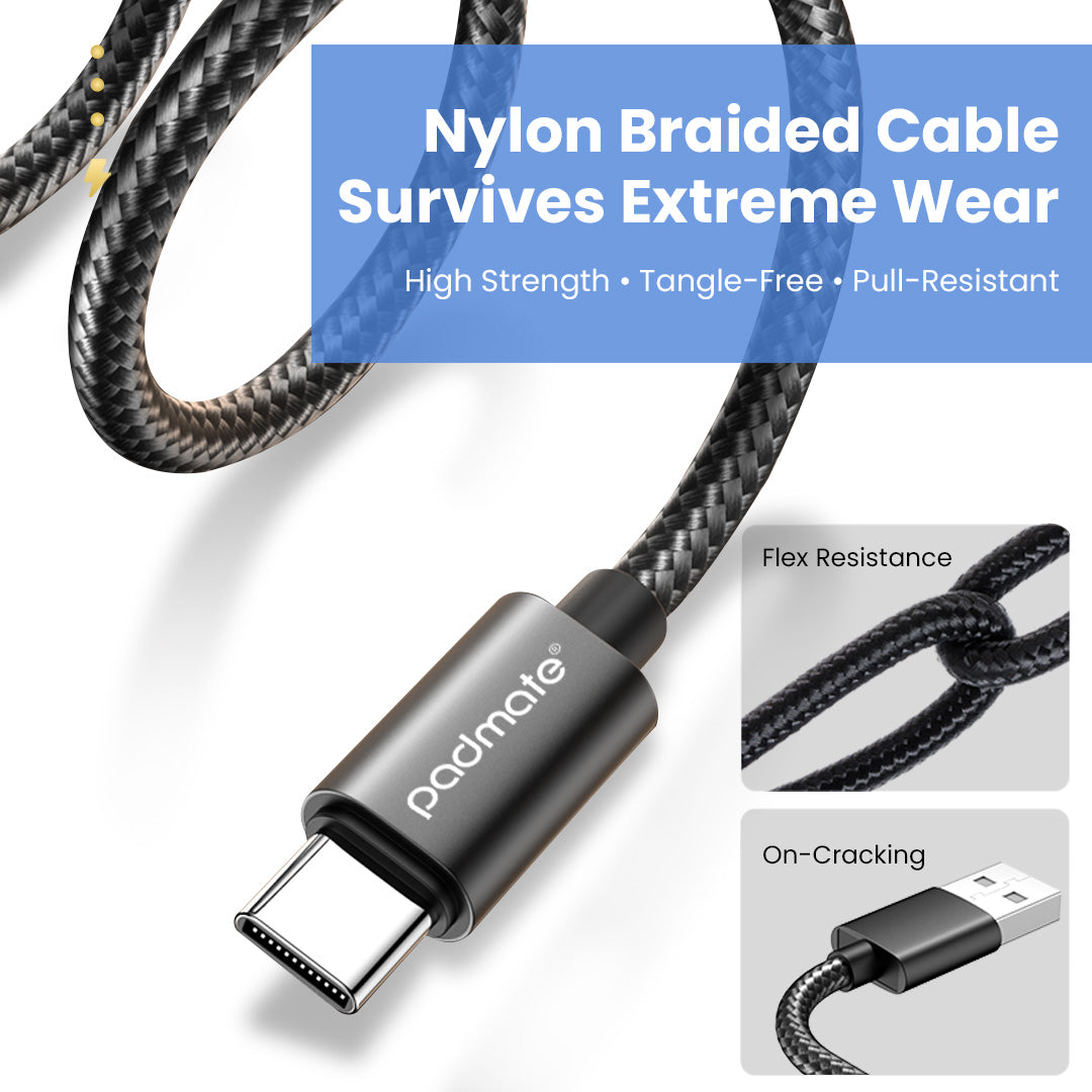 Padmate S67 Fast Charging USB A to Type C Cable Nylon Braided