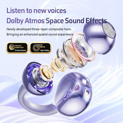 Purple earbuds with detailed design on a light blue background, featuring Dolby Atmos Space Sound Effects text.