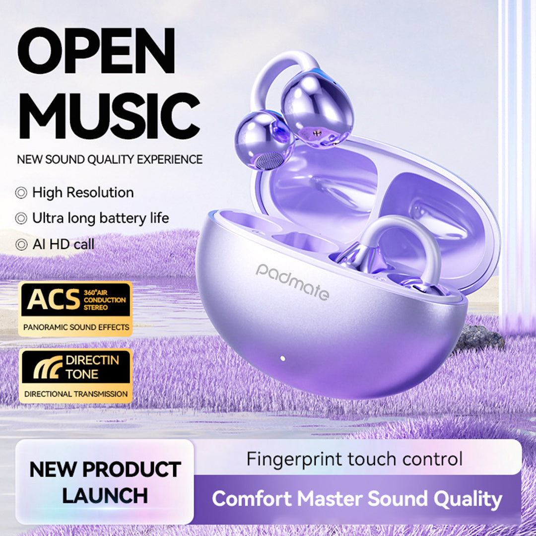 Purple wireless earbuds with charging case on a light purple background, featuring text about sound quality and features.