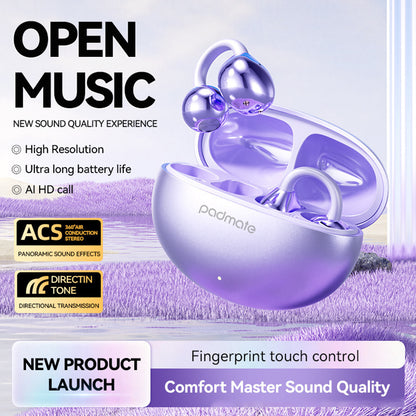 Purple wireless earbuds with charging case on a light purple background, featuring text about sound quality and features.
