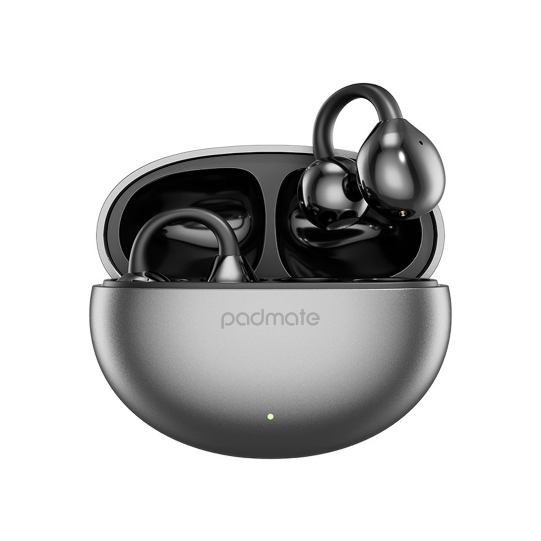 Black wireless earbuds in a charging case with 'padmate' branding on a white background