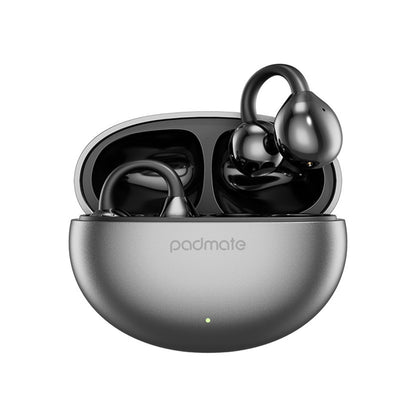 Black wireless earbuds in a charging case with 'padmate' branding on a white background