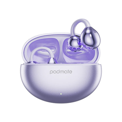 Purple wireless earbuds with charging case on a white background, featuring the Padmate brand.