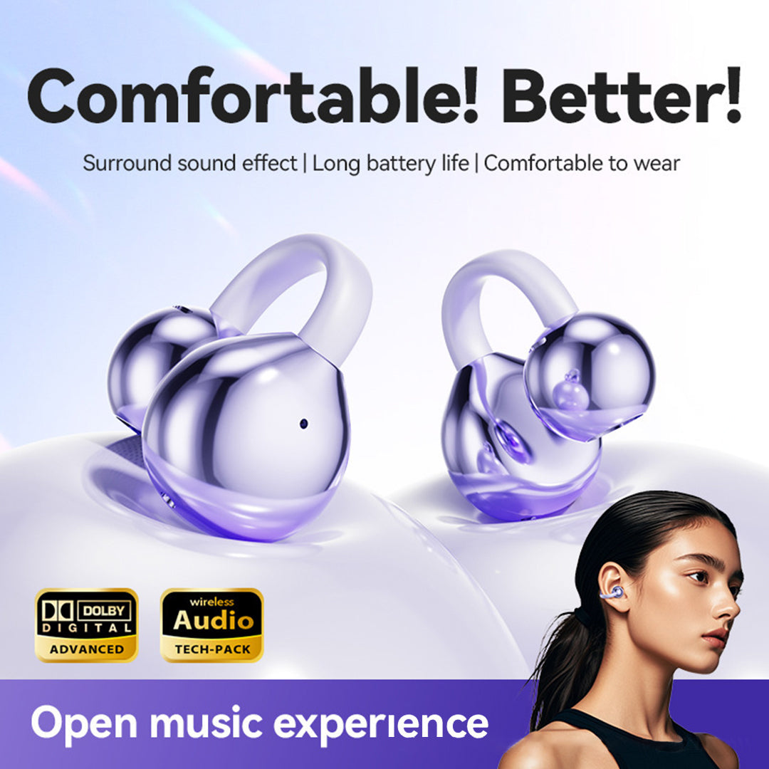 Wireless earbuds with a woman wearing them, featuring text about their benefits on a white and blue gradient background.