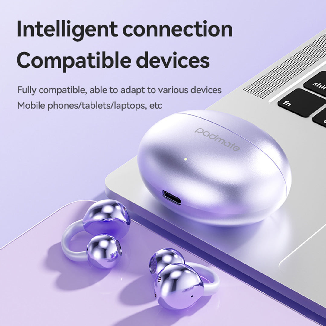 Purple wireless earbuds with charging case on a laptop, featuring text about compatibility.