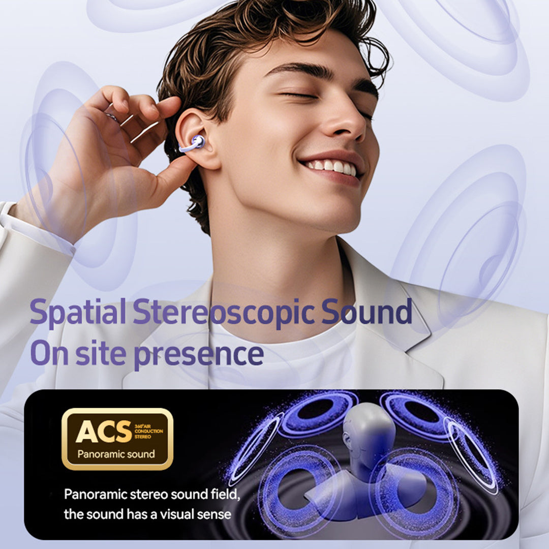 Person wearing a wireless earbud with 'Spatial Stereoscopic Sound' text and ACS logo.