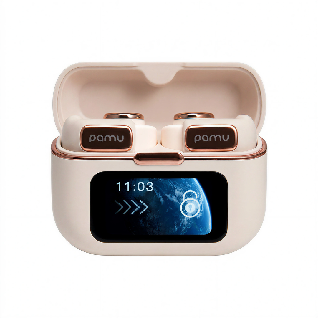 Pamu T36 clip-on open-ear Bluetooth earbuds with smart touch screen charging case cream white