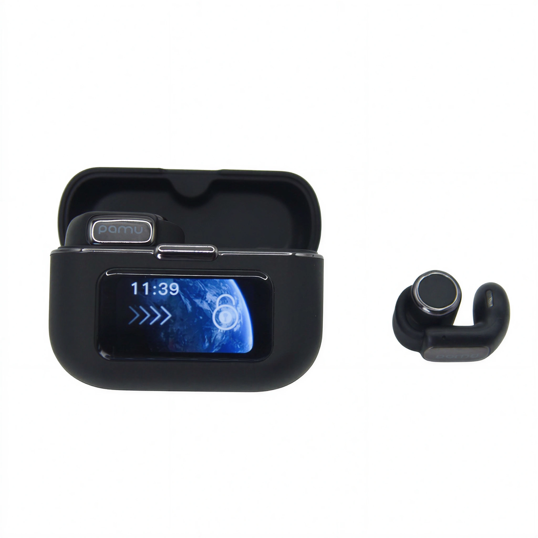 Black smart touch screen charging case of Pamu T36 wireless clip-on earbuds 