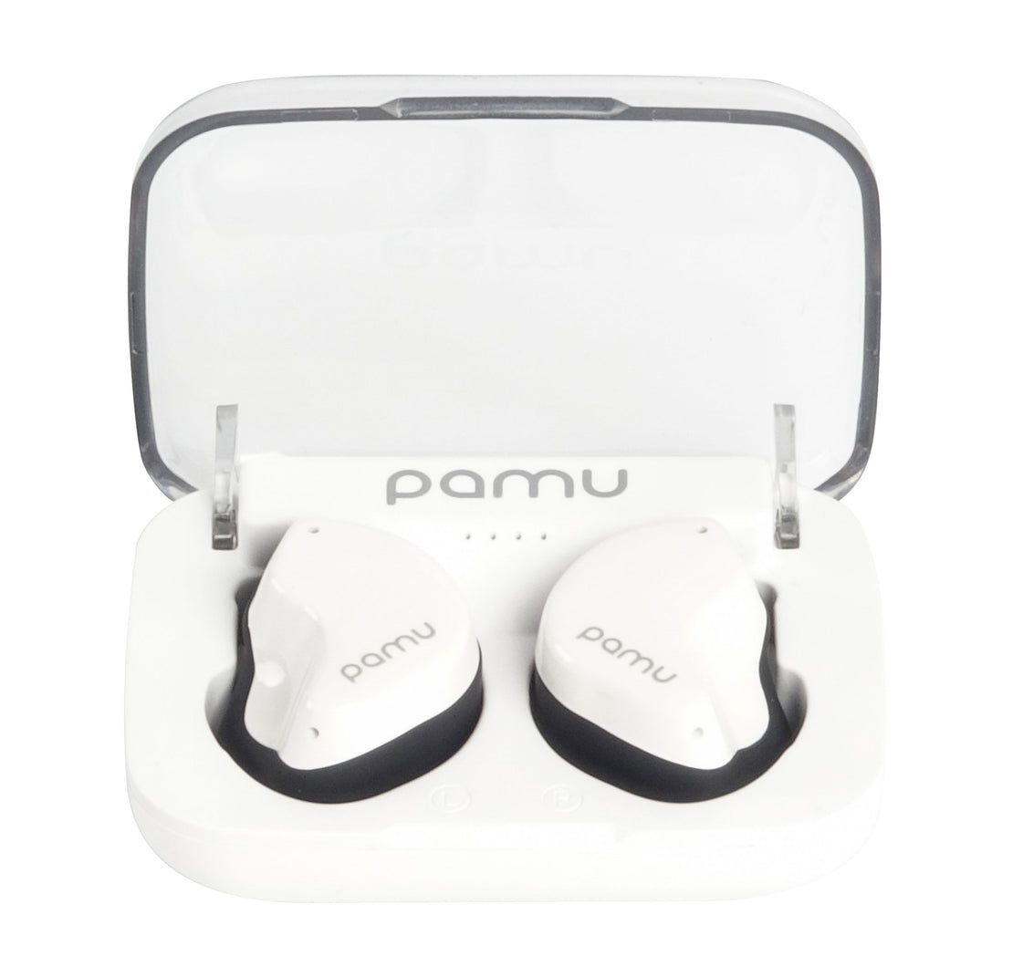White earbuds with black accents in a clear case on a white background, featuring the brand 'pamu'.