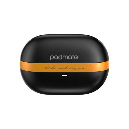 Padmate S80 Black and gold earbud case with 'padmate' branding on a white background