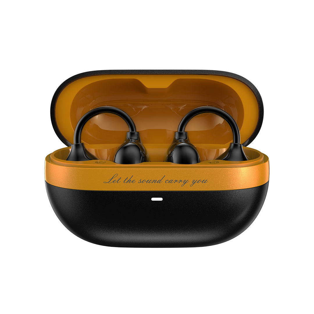Padmate S80 Black and orange wireless earbuds in a charging case on a white background