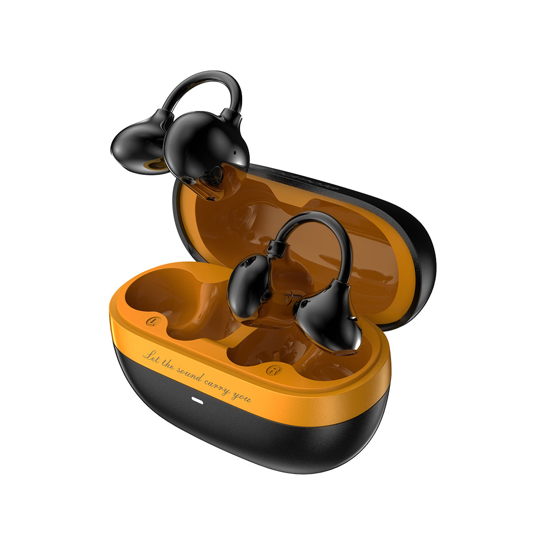 Padmate S80 clip-on wireless earbuds in black with orange accent