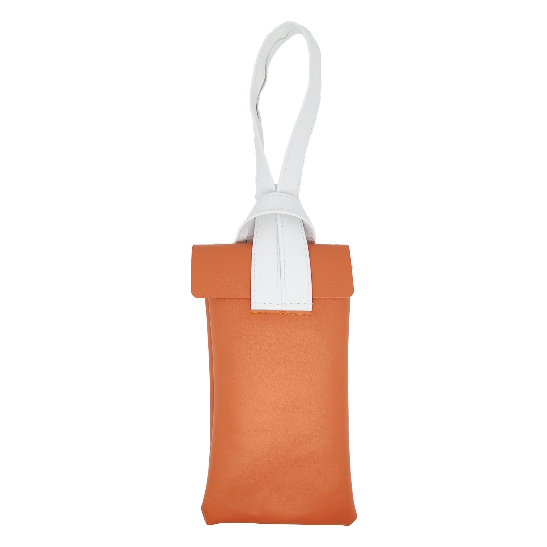 Orange pouch with a white strap on a white background