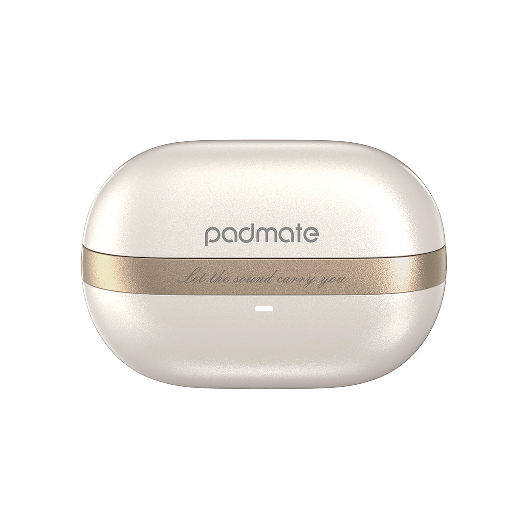 White electronic device with gold accent and 'padmate' branding on a white background