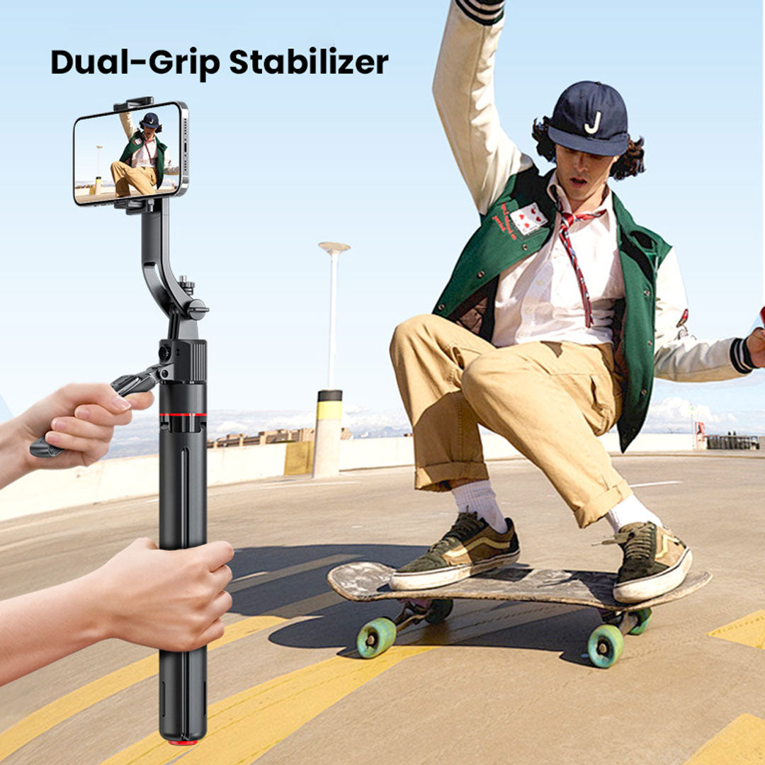 Person skateboarding with a dual-grip stabilizer holding a phone