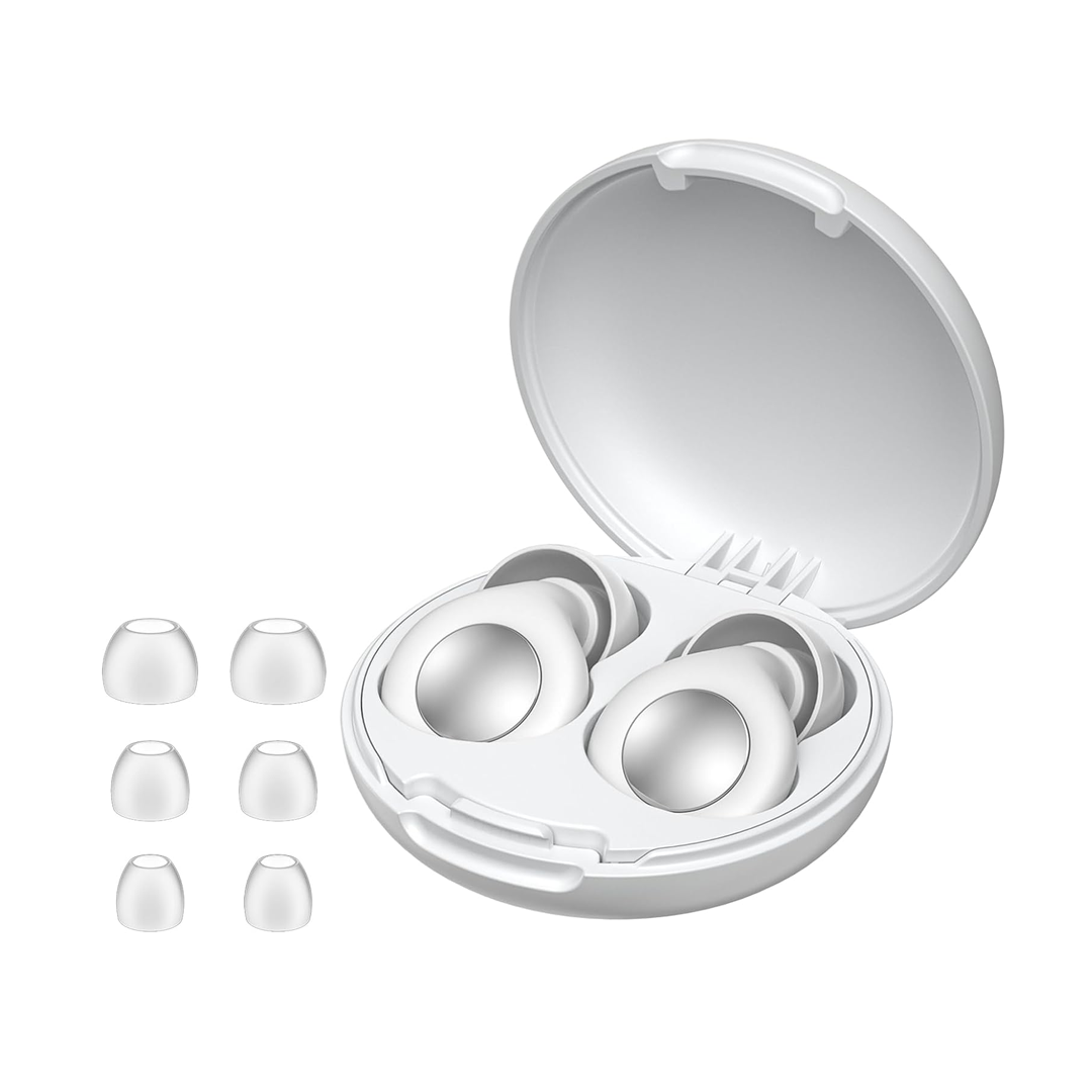 Minimalist-style white earplugs with 4 size