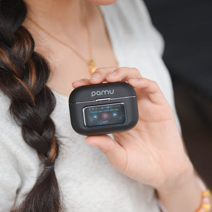 Pamu T36 smart earbuds charging case with digital touch display screen