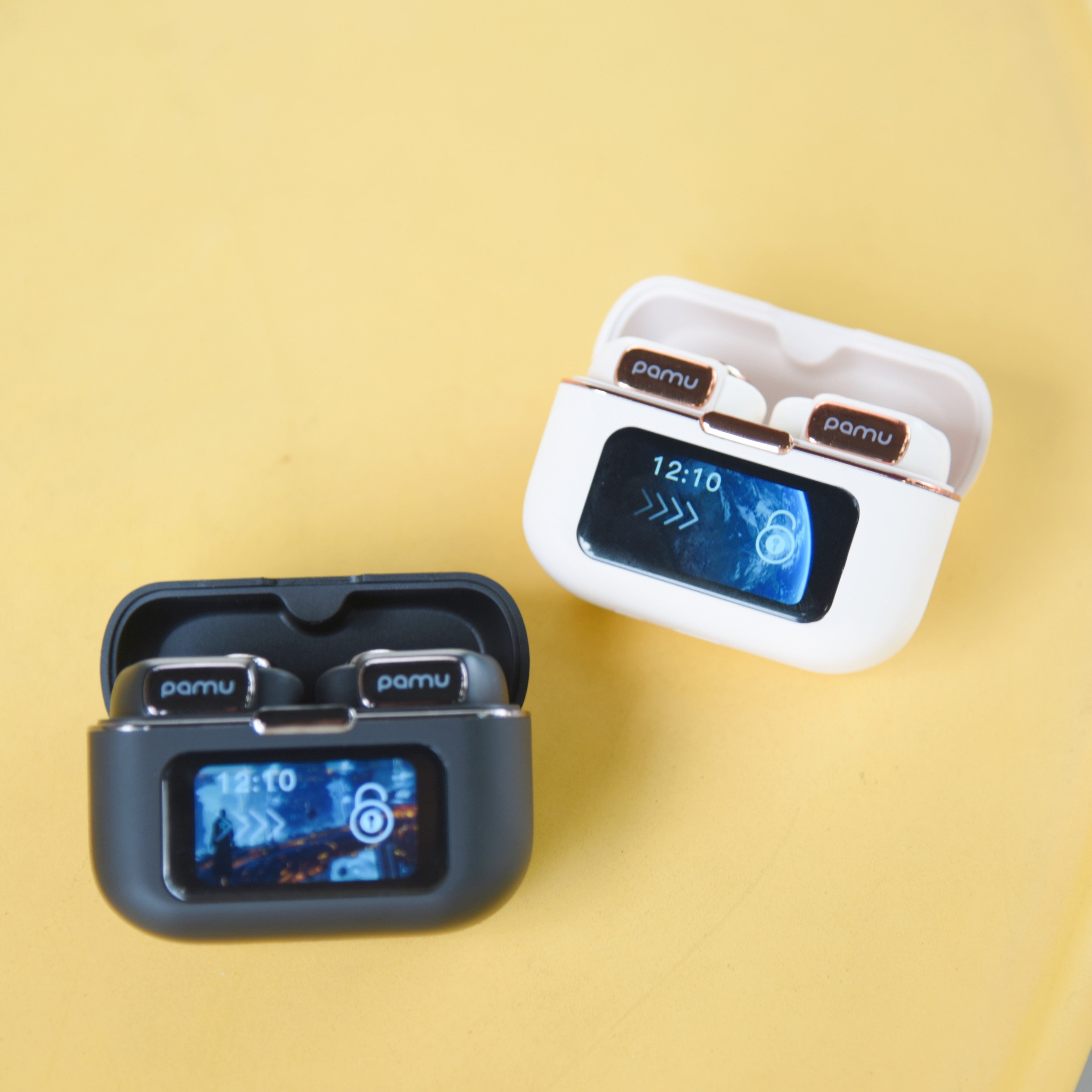Two electronic devices with digital displays on a yellow background