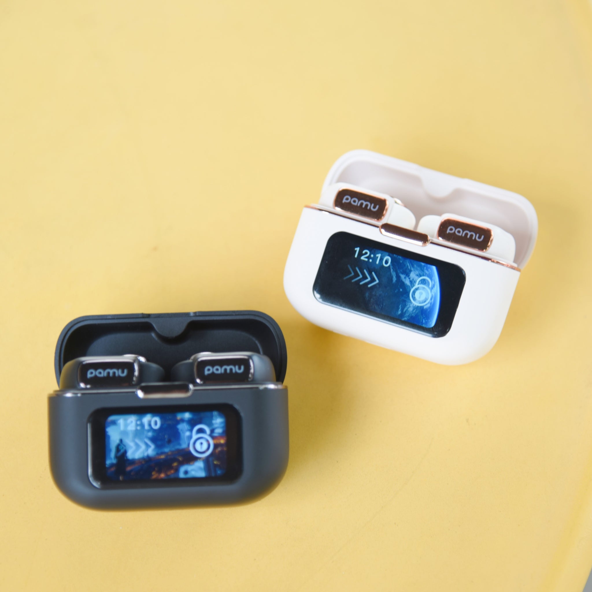 Two electronic devices with digital displays on a yellow background